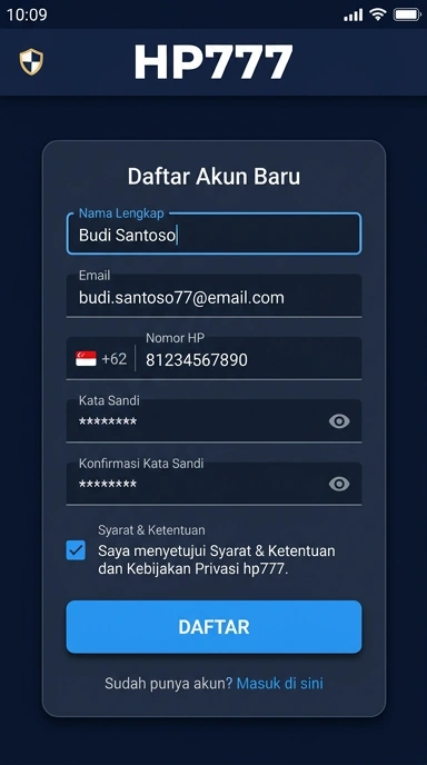 Tampilan halaman daftar hp777